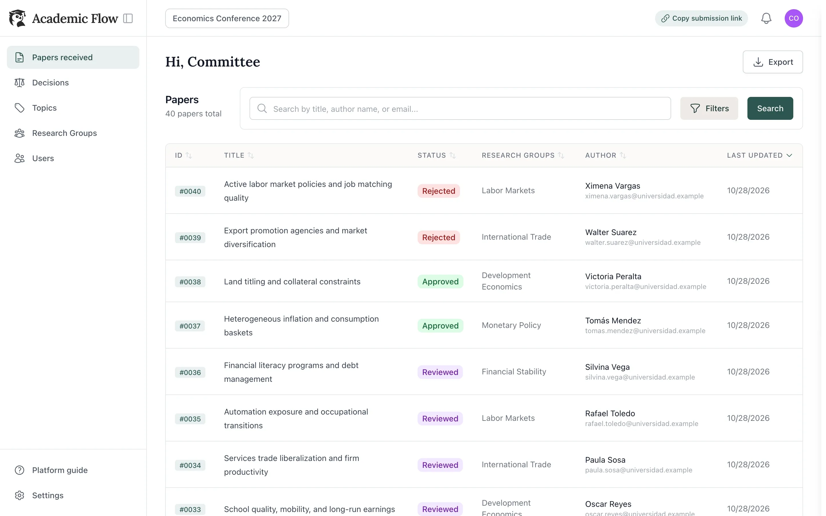 Committee dashboard in Academic Flow: list of papers received by a sample conference, with each paper's status, research group, and author.
