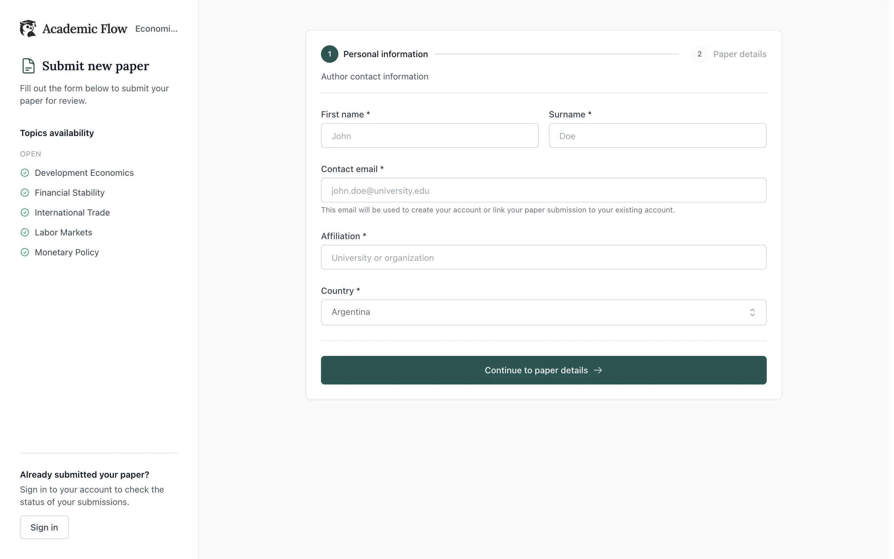 Academic Flow's public submission form: author details in two steps and the call's open topics.